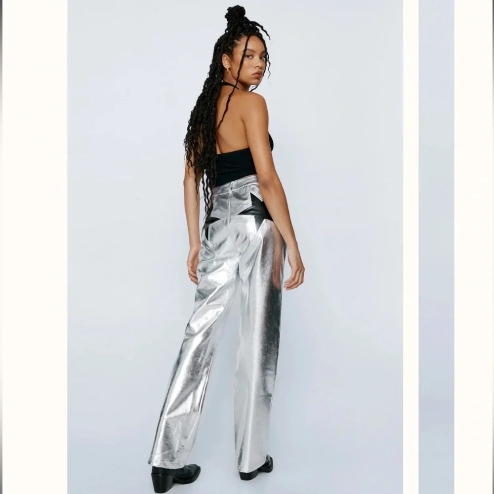 NASTY GAL Metallic Star Bum Faux Leather Trousers Silver Pants - Picture 2 of 12